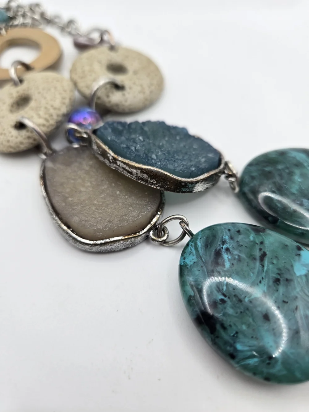 Chico's Teal Wood Silver Mixed Media Necklace Druzy Labradorite Turquoise READ